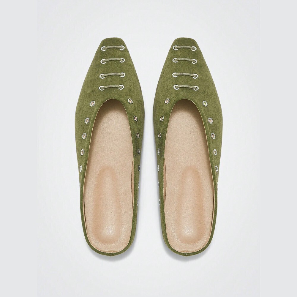 Olive Green Faux Suede Hardware Lace Detail Pointed Toe Flats